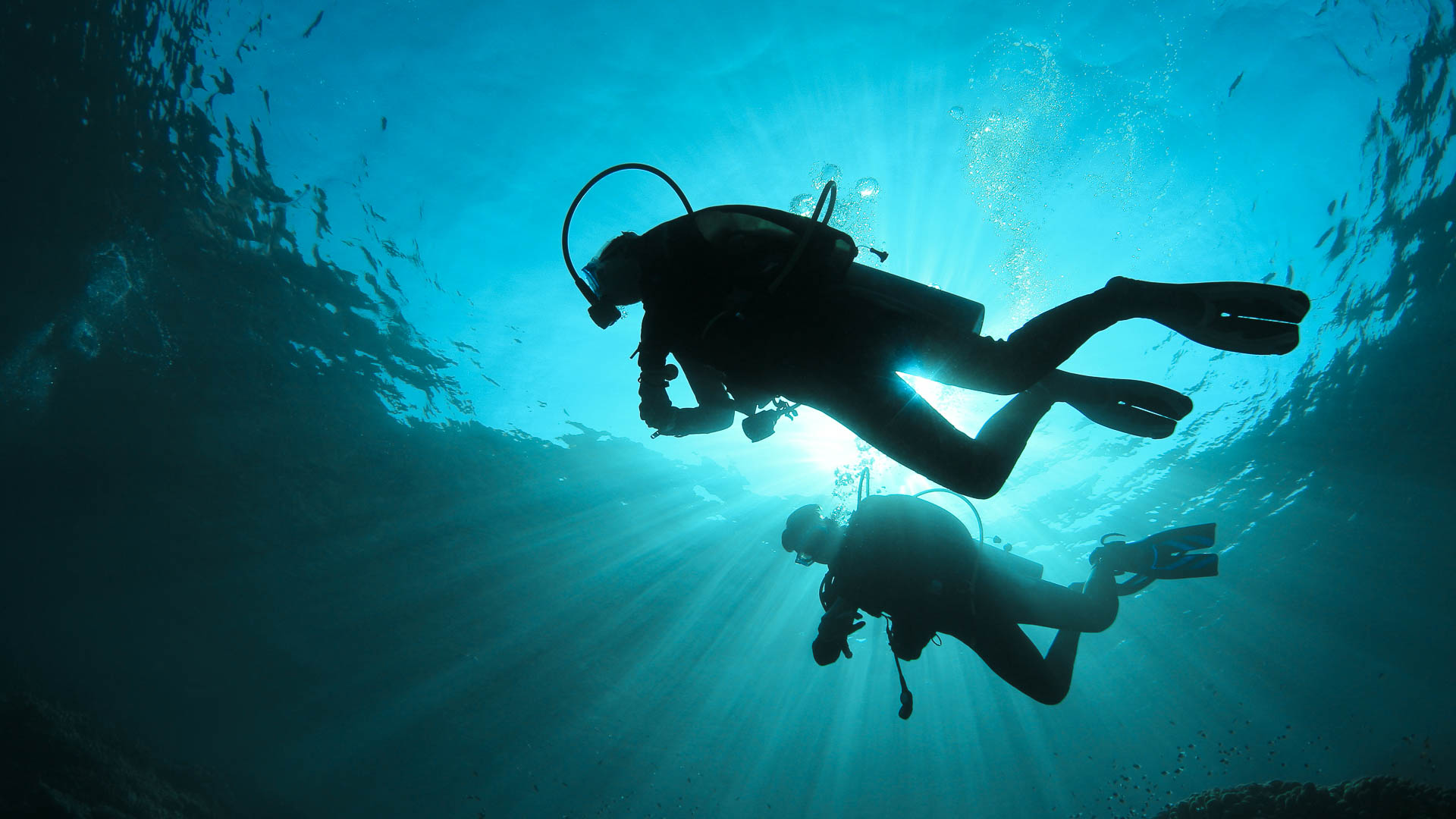 Two scuba divers silhouetted against sunlight filtering through clear blue water, symbolizing exploration, precision, and the underwater expertise at the core of GISGRO’s origins.